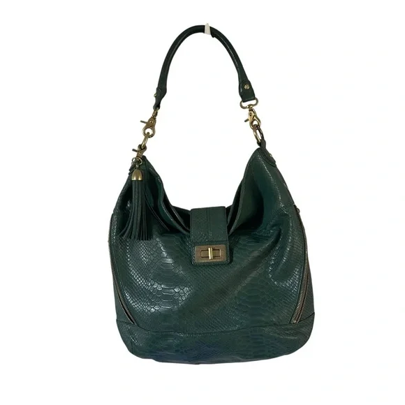 Rebecca Minkoff Snakeskin Croc Embossed Forest Green Hobo Bag with Gold Accents - Picture 2 of 7